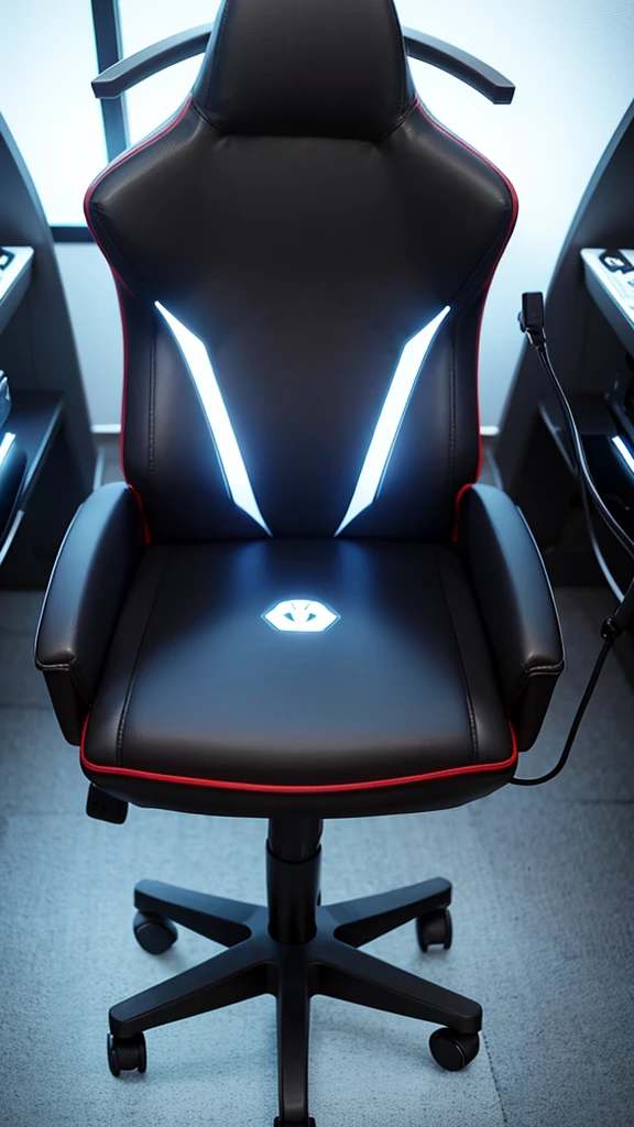 A floating gaming chair, Surreal, kings chair style, with lights that come from within, It does not have legs or wheels but rather a base that makes it float magnetically., gamer atmosphere 