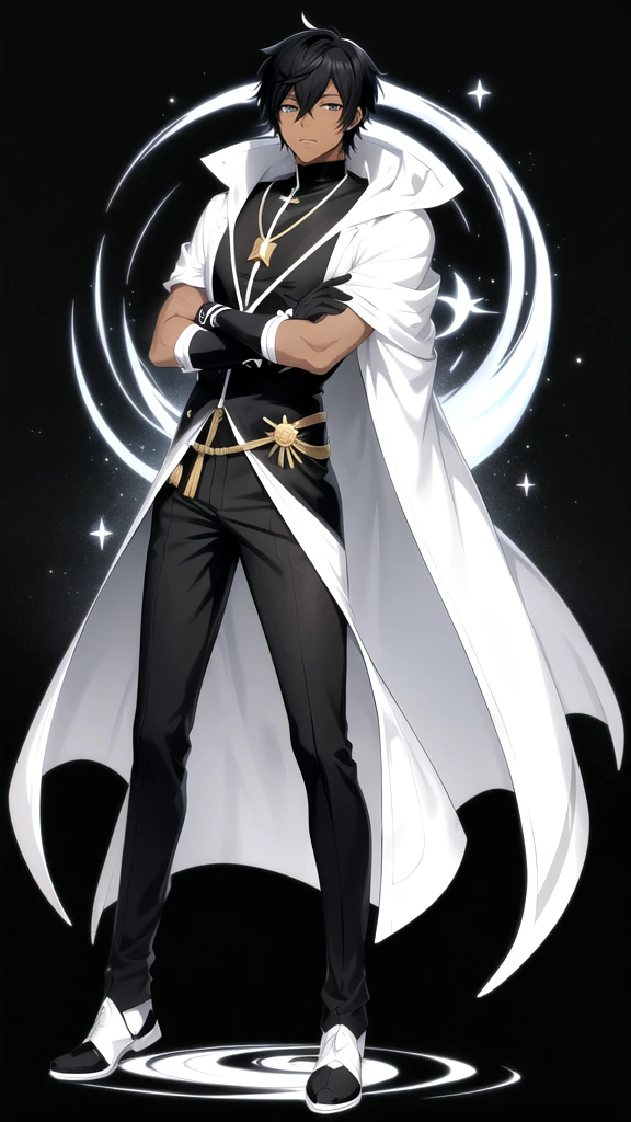 Anime style,Full body,male,dark skin,Black and white two-color short hair,wizard,Minimalist background