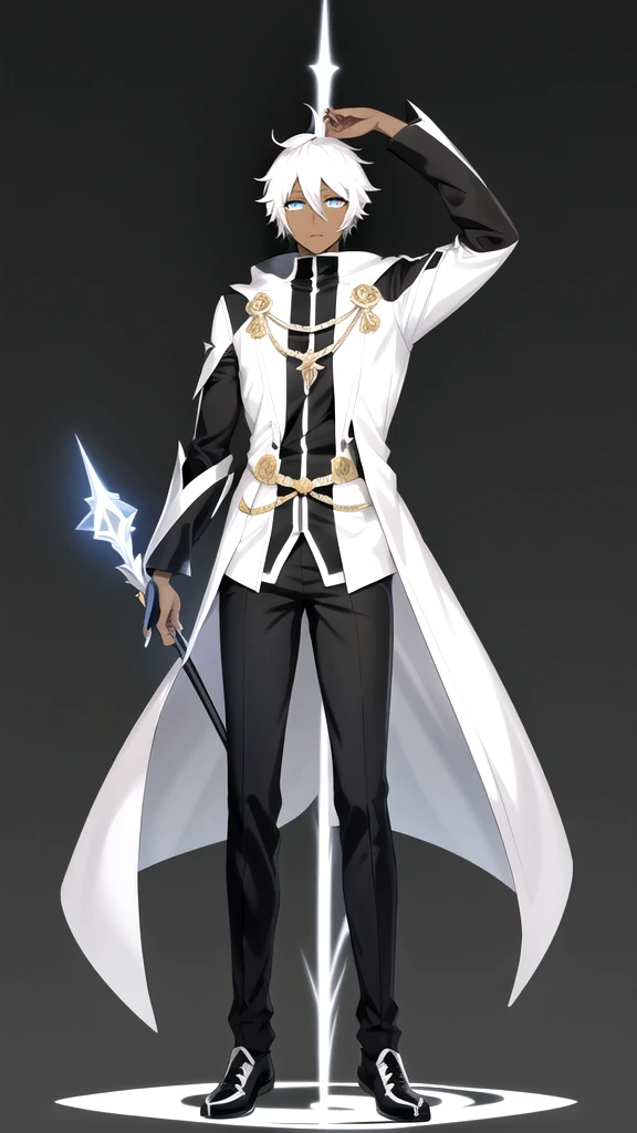 Anime style,Full body,male,dark skin,Black and white two-color short hair,wizard,Minimalist background