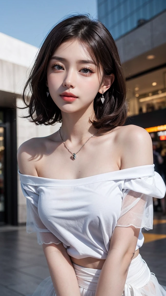 Top-quality Realistic,Official art,Highly detailed CG Unity 8k wallpaper,ultra-detailliert,hight resolution,Physically-based rendering,Magnificat,finely detail,masterpiece,Best Quality,ultra detailed, Face Light,Mature beauty,Beautiful girl,1girl,moist lips,sexy lips,Sexy smile,Gentle smile, 20 years old, Beautiful bare skin,Smooth bare skin,(Beautiful and radiant skin), big well-shaped breasts, beautiful cleavage,beautiful Mature body,swept bangs,(Medium hair:1.3), beautiful detailed eyes,model shoot style,Japanese Idol, Full-body,(In the Shopping mall:1.2),((standing position and look up at the sky)),BREAK,nsfw,((off shoulder soft tulle Sheer White Long T-shirt:1.3)),((Nipples are visible through the)),BREAK,(Loincloth:1.3),BREAK,(Heart shaped necklace),(Triangle ornament earrings),BREAK, (gentle smile like a goddess),looking up,shoot from above,((Extreme close-up)), seductively posing,