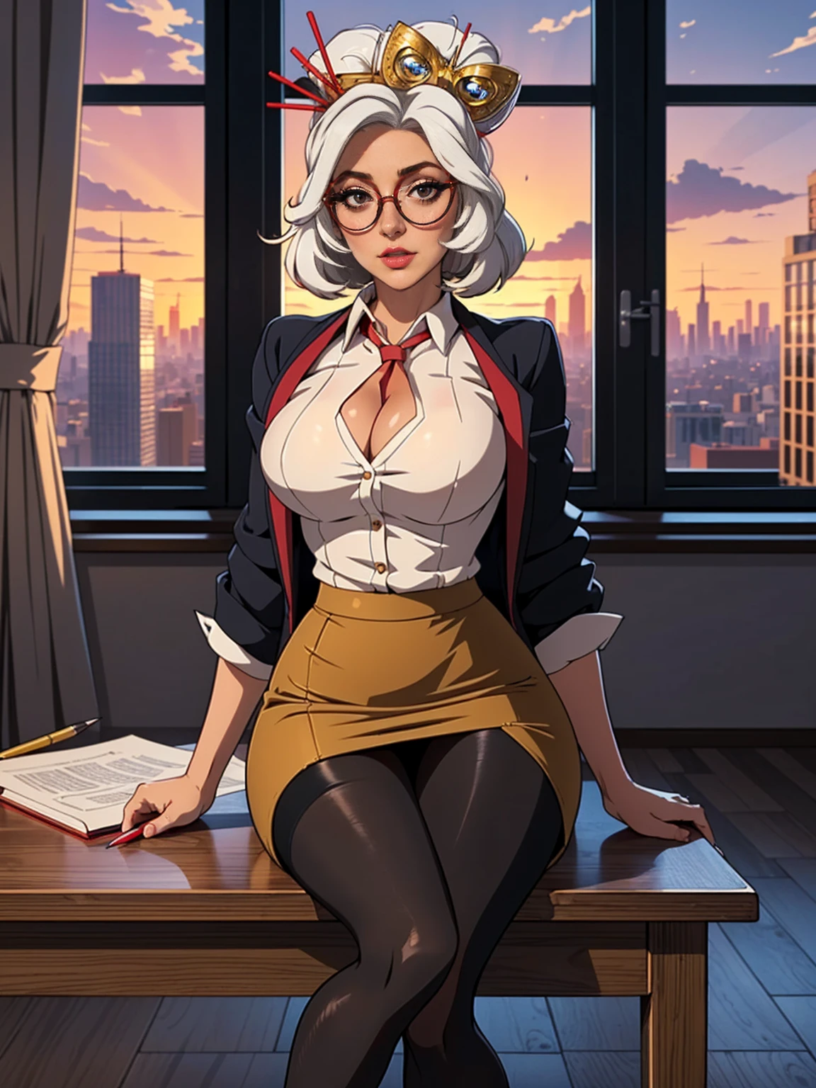 ((Masterpiece, standing,Best Quality, Purah, White Hair, brown Eyes, Red Headband, Hair Ornament, Hair Sticks, Red Glasses, shy, Smug)), ((pink lipstick, Extremely detailed, ambient soft lighting, 4k, perfect eyes, a perfect face, perfect lighting, a 1girl)), ((Officelady, Black suit, tie ((female suit, Black tight skirt, long skirt, pencil skirt, White blouse, Black tights)), High pumps with black heels, Office, lana, Beautiful woman, gazing at viewer, Looking here, hight resolution, top-quality, full body, animations, (anime style), office, penthouse, executive room, large window, landscape of a metropolis ((sitting at the table)), sunset, clouds)), documents, books, table, shelves, pencil holder, computer, legs open, shapely thighs