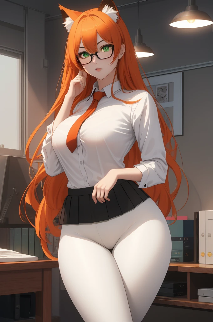 (masterpiece, Best quality), 8K, ultra detailed, realistic photo, Detailed face, perfect lighting, green eyes, bright orange hair, bright hair, fox ears, nice legs, side photo, beautiful, Cute, skin pores, 1 girl, perfect shirt, fully dressed, beautiful women 30 years old, Beautiful proportions, Russian woman, Caucasian, European, Business lady, stunningly beautiful woman, mother, thick legs, show ass, big breasts, (Thin white shirt:1.4), thick, hot, (White Office Wear:1.4), tight pants, (wide hips:1.2), thick, (white Office pants:1.3), spread your legs, Legs open, full length, wide hips, Glasses, with long orange hair, standing on the beach near the ocean, green eyes detailed digital anime art, cat ear, anime girl with long hair, гладкое аниме cg art, anime girl with long hair, digital anime art, work in Guweiz style, Beautiful anime portrait, Photorealistic render of an anime girl, pantyhose, Beautiful anime girl, advanced digital anime art, guweiz на artstation pixiv HD UHD HQ