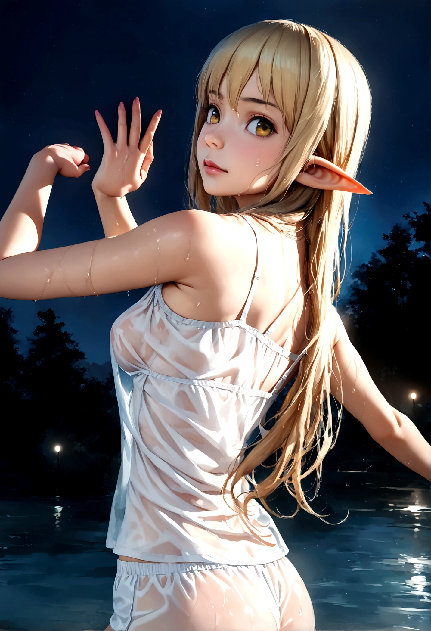 (((Top quality, 4k, 8k, high resolution, masterpiece: 1.2))), (super detailed), (realistic), (photorealistic), (photorealistic: 1.37), (HDR, UHD), (studio (lighting)), ultra-fine drawing, sharp focus, physically based rendering, highly detailed, professional, vibrant colors, perfect ditaile hand, highly detailed realistic eyes, anime, kawaii, qute, (((night, late night, dark, moonlight))), forest, deep forest, small lake,(((One Woman, one girl))), (((to enter a lake, to enter the water, to wad up to one's waist in water))),(((back turned, look back))), looking at viewer, (((Blonde, Long Hair, Elf Ears))), (((Pure white camisole, translucent pure white camisole, see-through pure white camisole, long pure white camisole, lace pure white camisole, silk pure white camisole))), (((White tank top, Wet and transparent tank top, White running shorts, wet and see-through running shorts))), (((hair wet, Naked wet))), (((Long shot, Distant view))),
