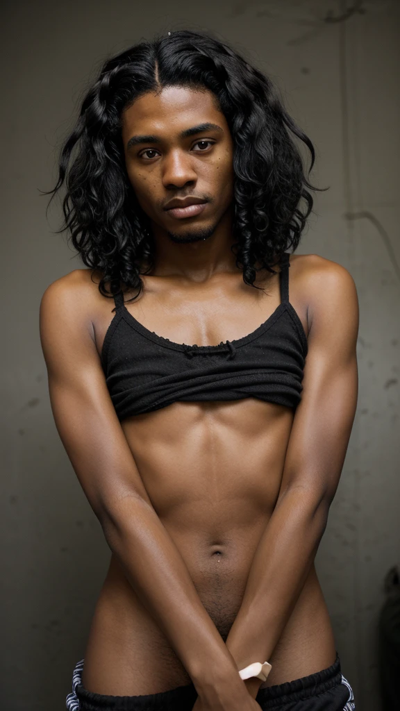 Black man with black hair with a sad look Slim curly hair from the favela very sad