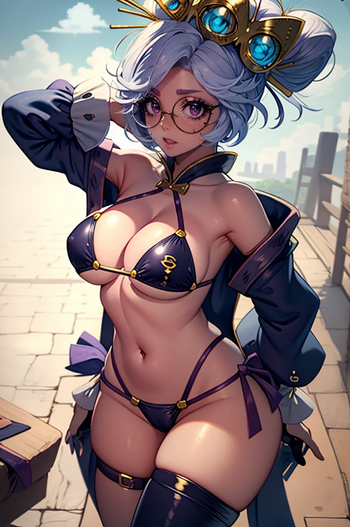 purah, white hair ,aura red glasses, hair ornament, red eyes, earrings ,lipstick, eye shadow , dark purple bikini, Mage (bikini warriors) ,black thigh-high boots, black elbow gloves,