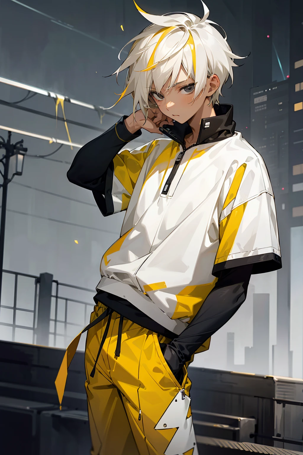 1male, tan skin, teenager, lightning hair, spiked short hair, black eyes, yellow hair, white hair, half yellow half white hair, bored expression, open black and white shirt, joggers, city background, lightning background, detailed background, detailed face, standing on path, hand to side