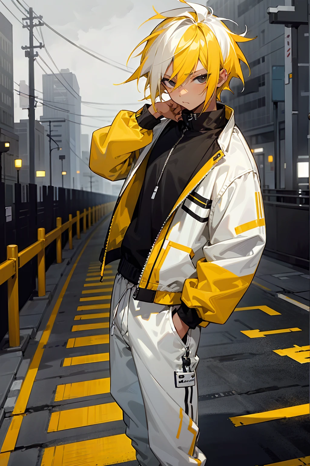 1male, tan skin, ager, lightning hair, spiked short hair, black eyes, yellow hair, white hair, half yellow half white hair, bored expression, open black and white shirt, joggers, city background, lightning background, detailed background, detailed face, standing on path, hand to side