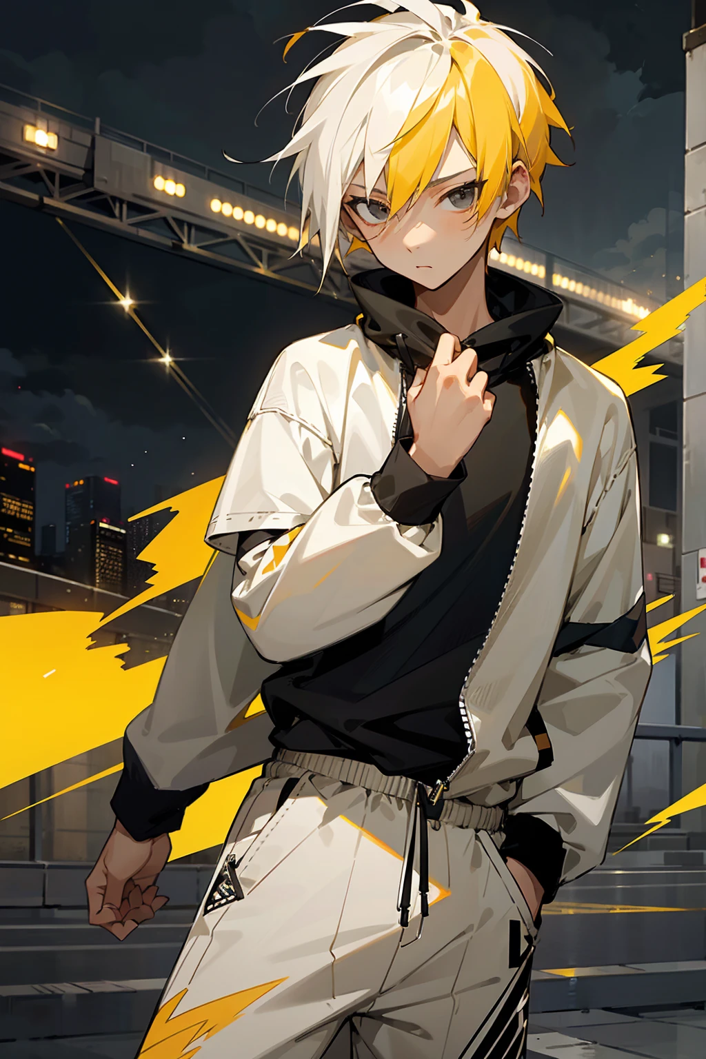 1male, tan skin, ager, lightning hair, spiked short hair, black eyes, yellow hair, white hair, half yellow half white hair, bored expression, open black and white shirt, joggers, city background, lightning background, detailed background, detailed face, standing on path, hand to side