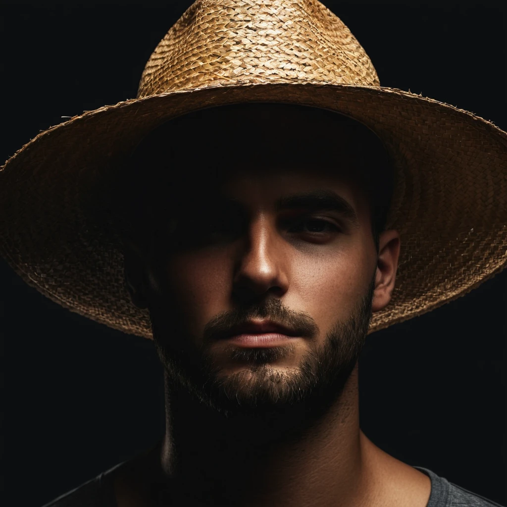 man with straw hat covering the upper part of his face, realistic profile photo add black and white elements