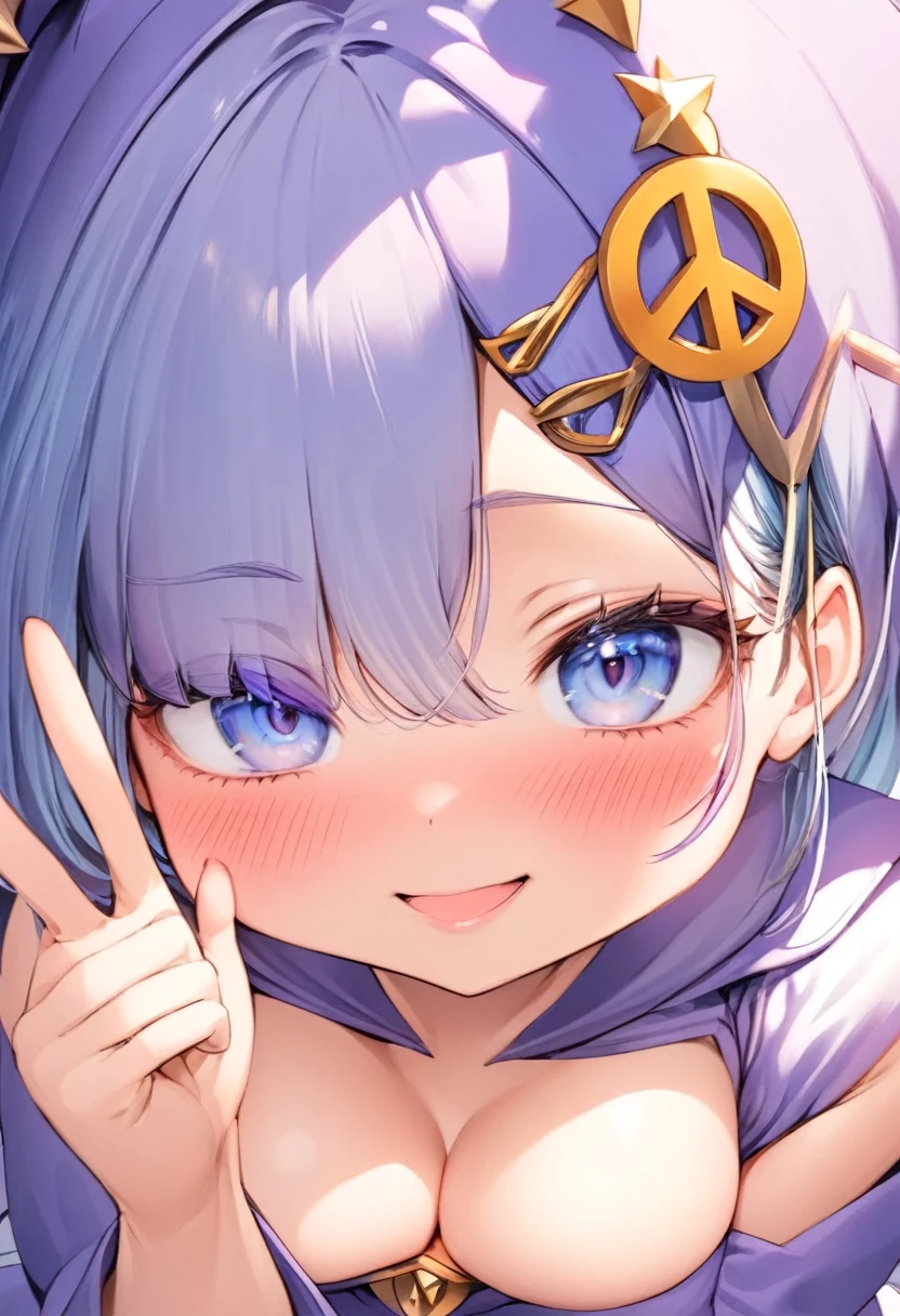 close-up, 1girl, light white skin, one-side hair bangs, blue-violet hair colour, blushing, peace sign, skimpy mage costume, winking