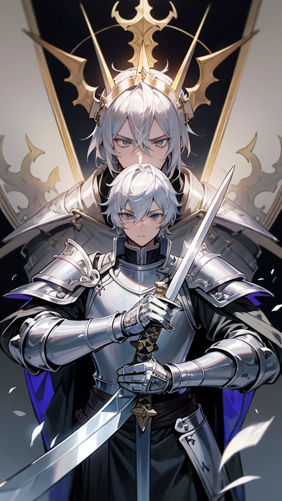 Make a Knight, a man in armor holding a sword, highly detailed exquisite fanart, a human male paladin, handsome guy in demon slayer art, male paladin, with an armor and a crown, sliver armor, silver gold sword, silver crown