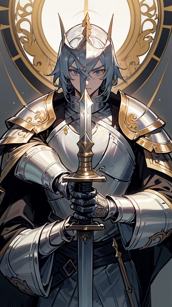 Make a Knight, a man in armor holding a sword, highly detailed exquisite fanart, a human male paladin, handsome guy in demon slayer art, male paladin, with an armor and a crown, sliver armor, silver gold sword, silver crown