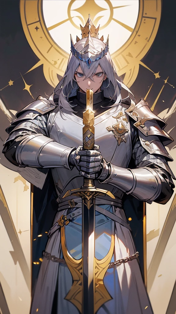 Make a Knight, a man in armor holding a sword, highly detailed exquisite fanart, a human male paladin, handsome guy in demon slayer art, male paladin, with an armor and a crown, sliver armor, silver gold sword, silver crown
