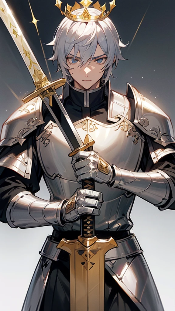 Make a Knight, a man in armor holding a sword, highly detailed exquisite fanart, a human male paladin, handsome guy in demon slayer art, male paladin, with an armor and a crown, sliver armor, silver gold sword, silver crown