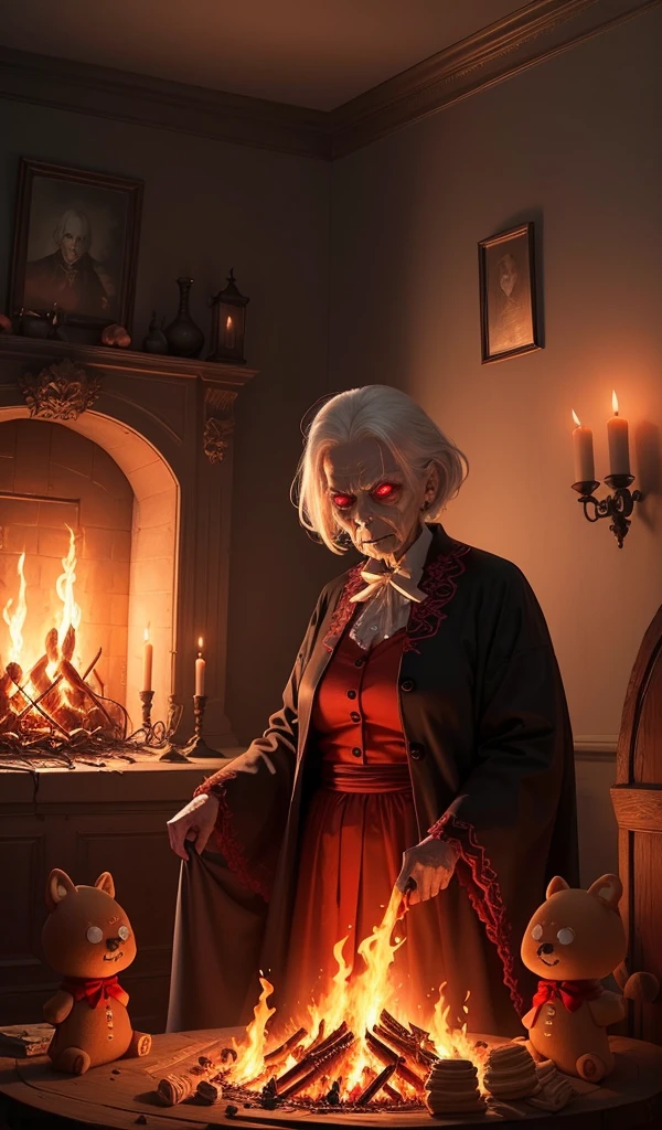 (anime, digital paint, 1 sinister and creepy old woman white hair and red eyes, die burning in flames, vibrant flames burning and defeating evil force, dark and twisted interior of the candy house, ominous atmosphere with fire lighting and flames, walls made of gingerbread and candy, sweets and treats all around)