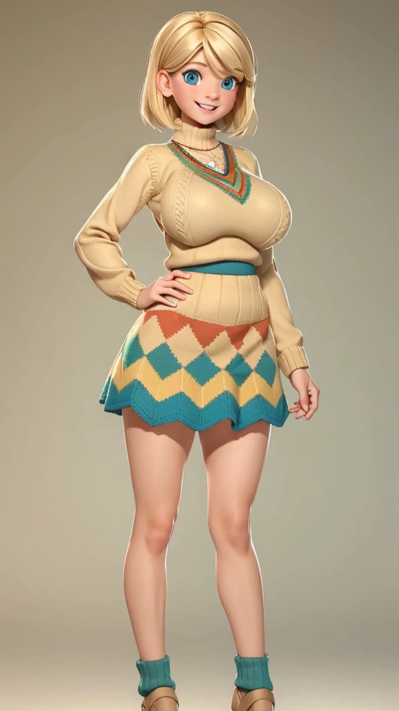 (Beautiful, huge breasts:1.4),
Blonde hair, blue eyes, smile, short hair, mini skirt, Riley as an adult, adult, full body view, full body view, multicolored chevron sweater (red, green, beige), tall, tall, peitos grandes, mostrando peitos 