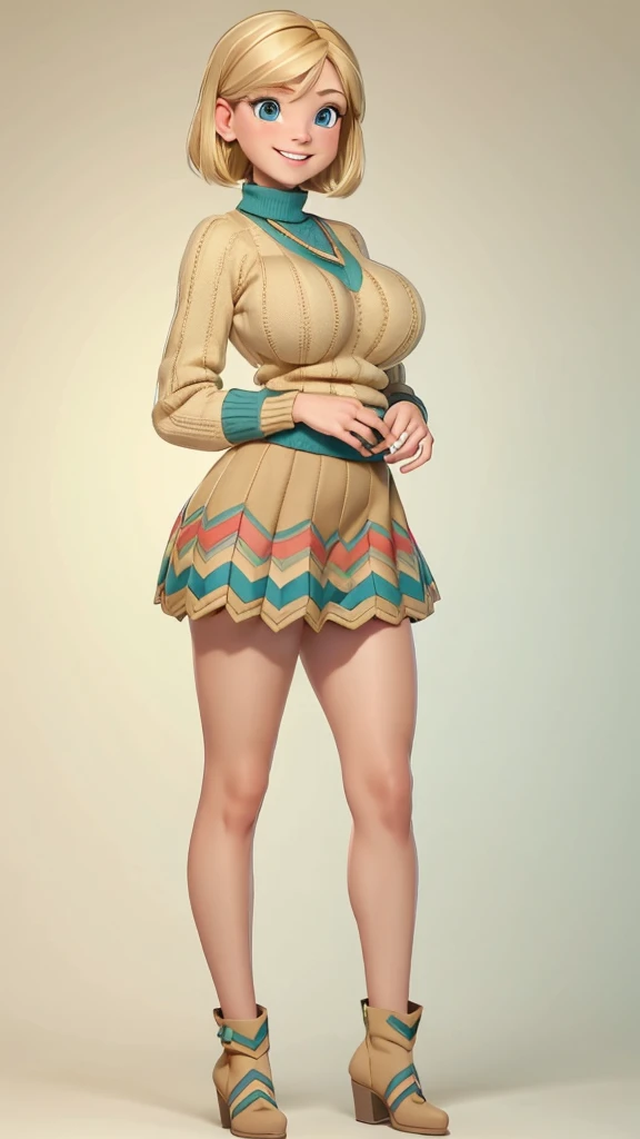 (Beautiful, huge breasts:1.4),
Blonde hair, blue eyes, smile, short hair, mini skirt, Riley as an adult, adult, full body view, full body view, multicolored chevron sweater (red, green, beige), tall, tall, peitos grandes, mostrando peitos 