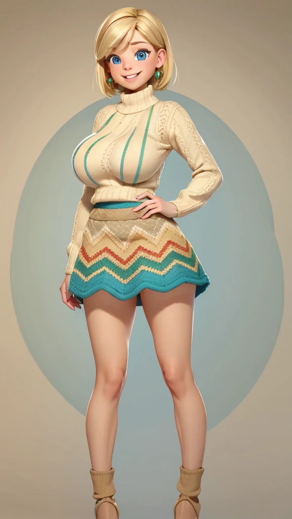 (Beautiful, huge breasts:1.4),
Blonde hair, blue eyes, smile, short hair, mini skirt, Riley as an adult, adult, full body view, full body view, multicolored chevron sweater (red, green, beige), tall, tall, peitos grandes, mostrando peitos 