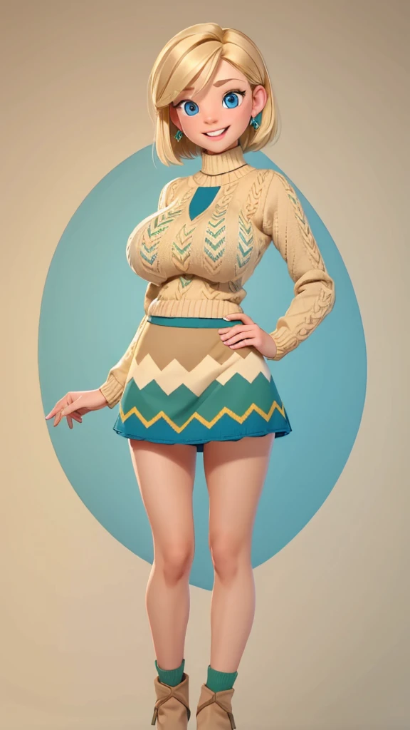 (Beautiful, huge breasts:1.4),
Blonde hair, blue eyes, smile, short hair, mini skirt, Riley as an adult, adult, full body view, full body view, multicolored chevron sweater (red, green, beige), tall, tall, peitos grandes, mostrando peitos 