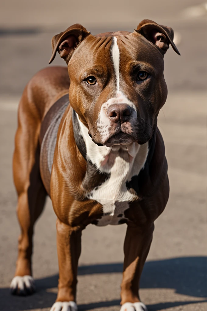 Create the image of a brown American pitbull dog with small white details 