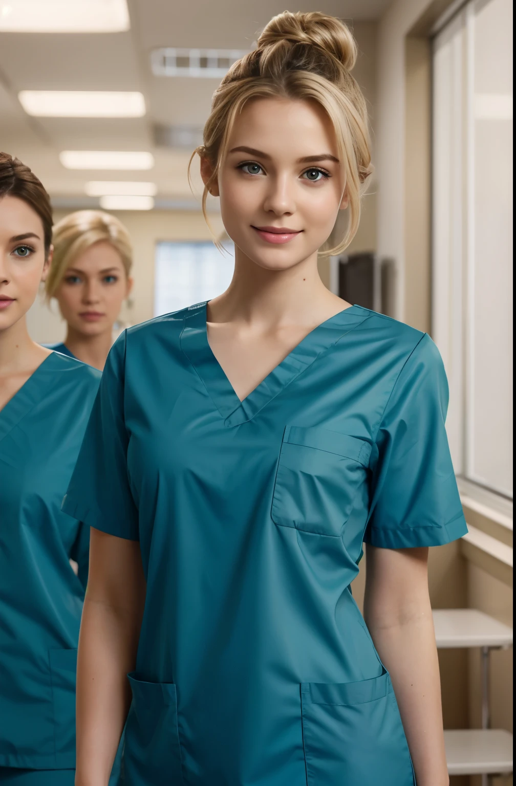 Ultra realistic, Cinematic, team of 3 surgical nurses, 3 scottish teeanger girls, blonde hair all girls standing, working in surgery, , body, pale skin, beautiful face, big smile, detailed face, ultra soft and ultra light slight small teal women hospital scrubs, teal hospital scrubs, wide angle showing full body, hospital ward, people, bokeh, short hair tied up as hair bun / Chignon