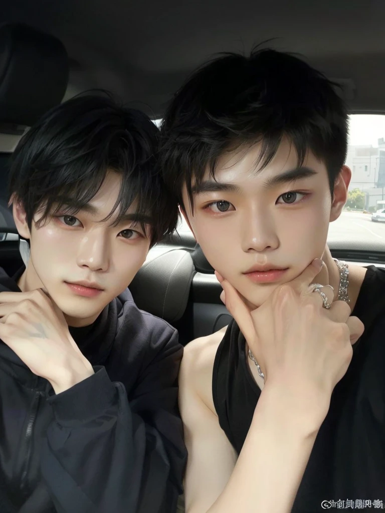 there are two asian men sitting together in a car, cai xukun, Jin Shan e Ross Tran, Huang Yuxing e Aya Takano, ruan jia and fenghua zhong, ruan jia and brom, yanjun chengt, yiqiang and shurakrgt, 1 7 year old boy, lean face