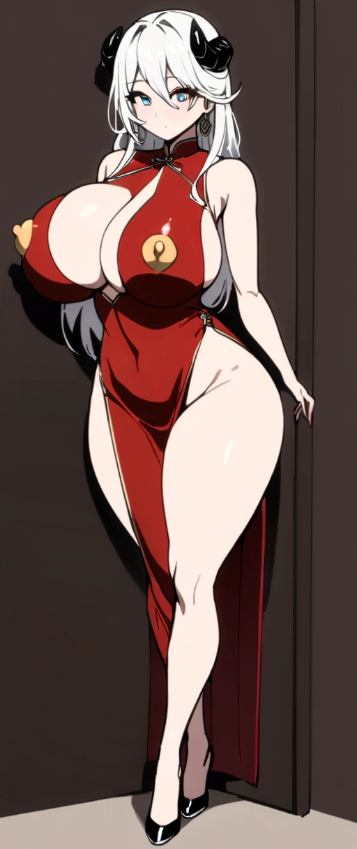 masterpiece, best quality, 1girl, solo, (huge breasts 3.0), (breast implants, fake , unaligned breasts, perfectly round breasts), SFW, cowboy shot, looking at straight, Long Hair, Detailed eyes,Full Body,spring-aegir,demon horns,white hair,china dress,red dress,big ass