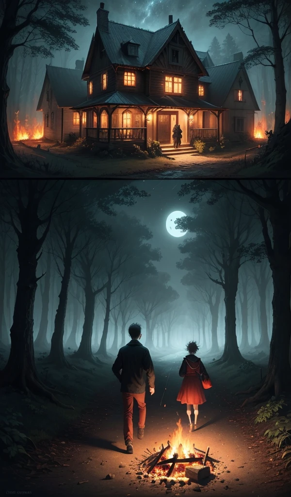 (anime, digital paint, 1 boy and 1 girl children running out the candy house in deep forest, eerie atmosphere, scared expressions, house in flames behind them, night sky illuminated by the fire, sweets and treats all around, forest path ahead, sense of urgency and relief)