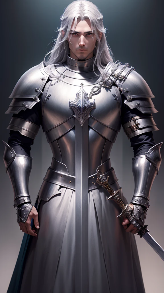 Make a Knight, a man in armor holding a sword, highly detailed exquisite fanart, a human male paladin, handsome guy in demon slayer art, male paladin, with an armor and a crown, sliver armor, silver long sword, silver crown, 2 hands, 1 body