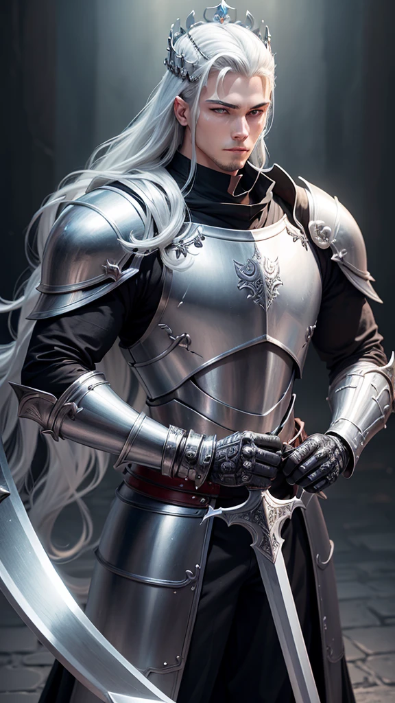 Make a Knight, a man in armor holding a sword, highly detailed exquisite fanart, a human male paladin, handsome guy in demon slayer art, male paladin, with an armor and a crown, sliver armor, silver long sword, silver crown, 2 hands, 1 body