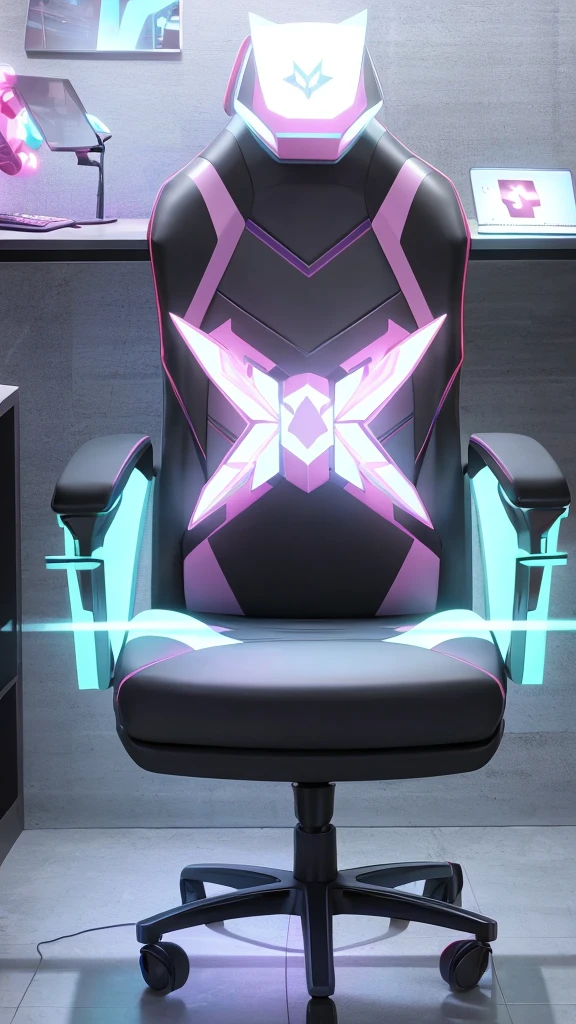 A floating gaming chair, Surreal, kings chair style, with lights that come from within, It does not have legs or wheels but rather a base that makes it float magnetically., gamer atmosphere 