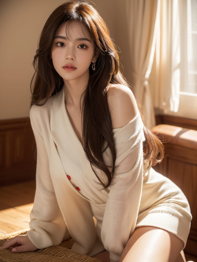 1girl, alone, solitary, high quality, (best quality,4k,8k,highres,masterpiece:1.2),ultra-detailed,(realistic,photorealistic,photo-realistic:1.37),gorgeous hair,red wine hair,long curly hair with bangs,puffy eyes,mole on the cheek,plump lips,jewelry,(high detailed skin:1.4),(light room:1.3),(rim lighting:1.3),(lit:1.3),(sunny day:1.3),indoors,portrait,beautiful lips,waist-length hair,seductive gaze,moles
