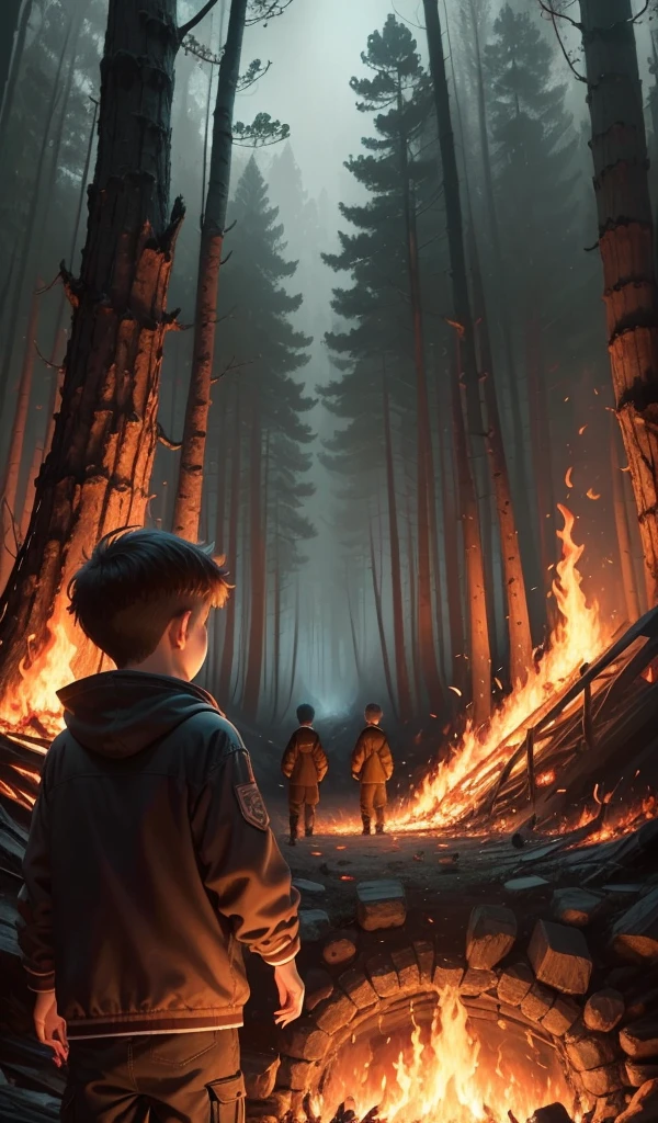 (anime, digital paint, 1 boy and 1 girl children pausing at a safe distance, looking back at the burning candy house in deep forest, burned sweets and treats all around, faces illuminated by the glow of the fire, mixture of relief and lingering fear, forest surrounding them)