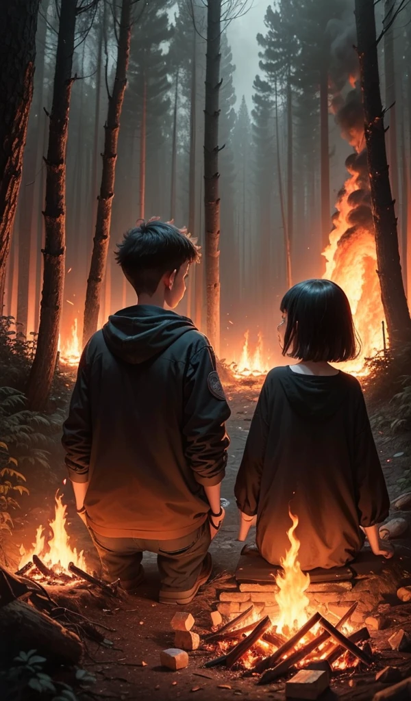 (anime, digital paint, 1 boy and 1 girl children pausing at a safe distance, looking back at the burning candy house in deep forest, burned sweets and treats all around, faces illuminated by the glow of the fire, mixture of relief and lingering fear, forest surrounding them)