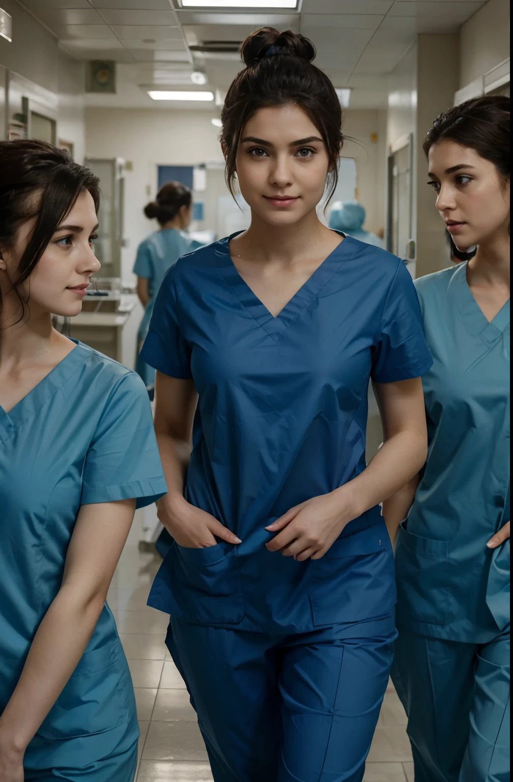 Ultra realistic, Cinematic, team of 3 surgical nurses, 3 french teeanger girls, all girls standing, working in surgery, , body, pale skin, beautiful face, big smile, detailed face, ultra soft and ultra light slight small blue women hospital scrubs, dark royal-blue, ocean blue hospital scrubs, wide angle showing full body, hospital ward, people, bokeh wearing dark-teal surgical scrubs, wide angle, showing full body, short hair tied up, hair bun, hair tied as chignons