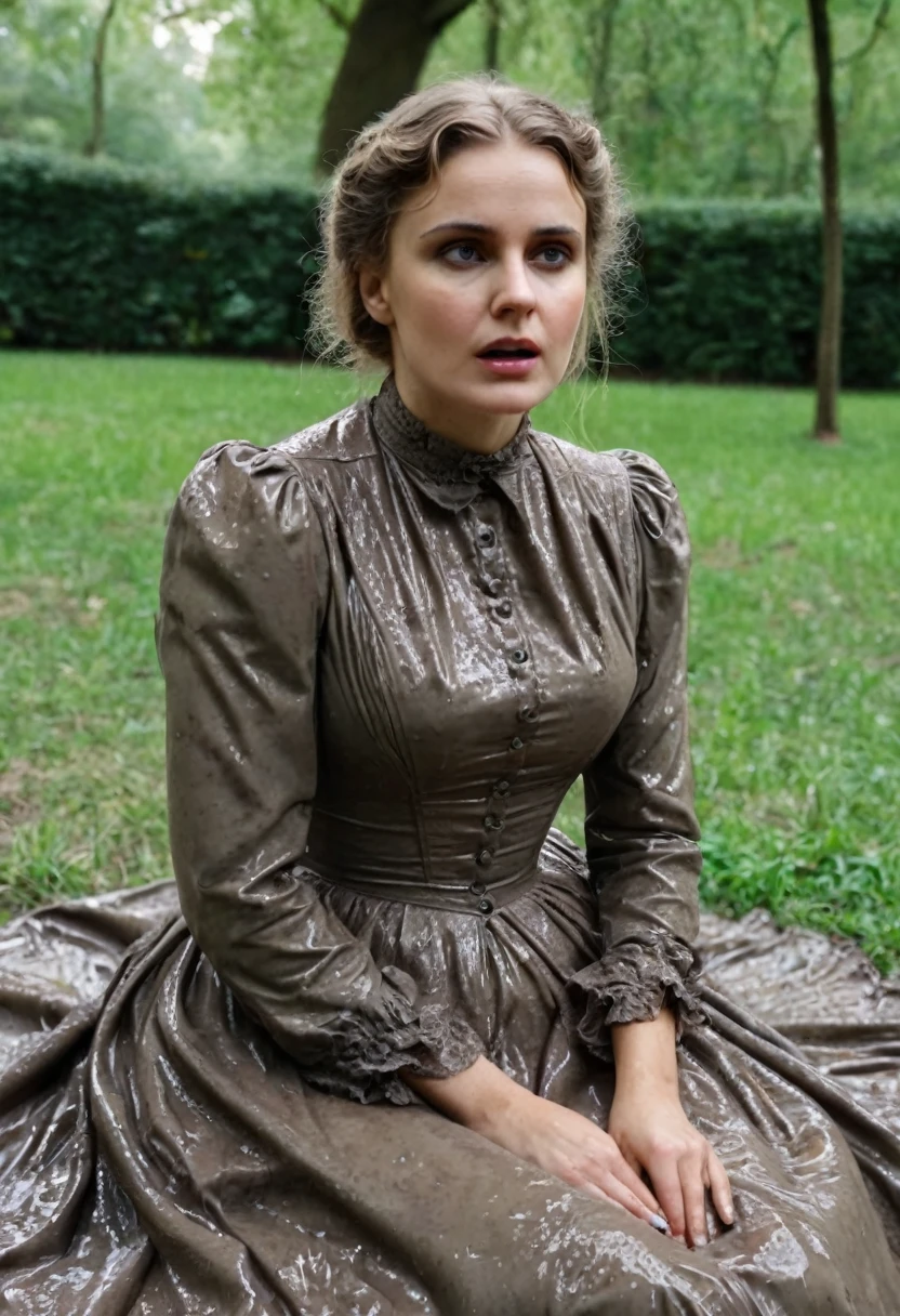 close-up, helpless shy ordinary woman, high waist covered in mud, flared (Victorian dress), deeply sitting on her back in the park, caught in a sexual fetish session, wet clothes, 19th century photo, deep focus, vintage film grain, color correction retro style, soft lighting, ((exposed butt))