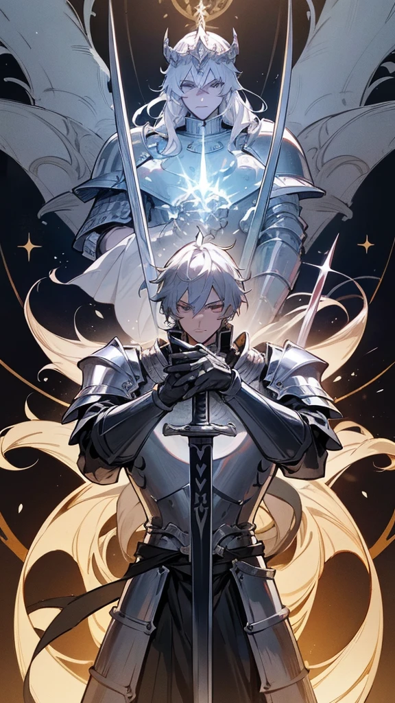 Make a Knight, a man in armor holding a sword, highly detailed exquisite fanart, a human male paladin, handsome guy in demon slayer art, male paladin, with an armor and a crown, sliver armor, silver long sword, silver crown, 2 hands, 1 body