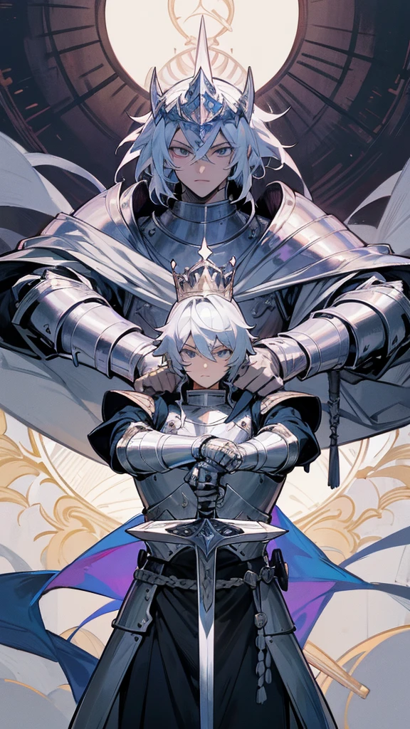 Make a Knight, a man in armor holding a sword, highly detailed exquisite fanart, a human male paladin, handsome guy in demon slayer art, male paladin, with an armor and a crown, sliver armor, silver long sword, silver crown, 2 hands, 1 body