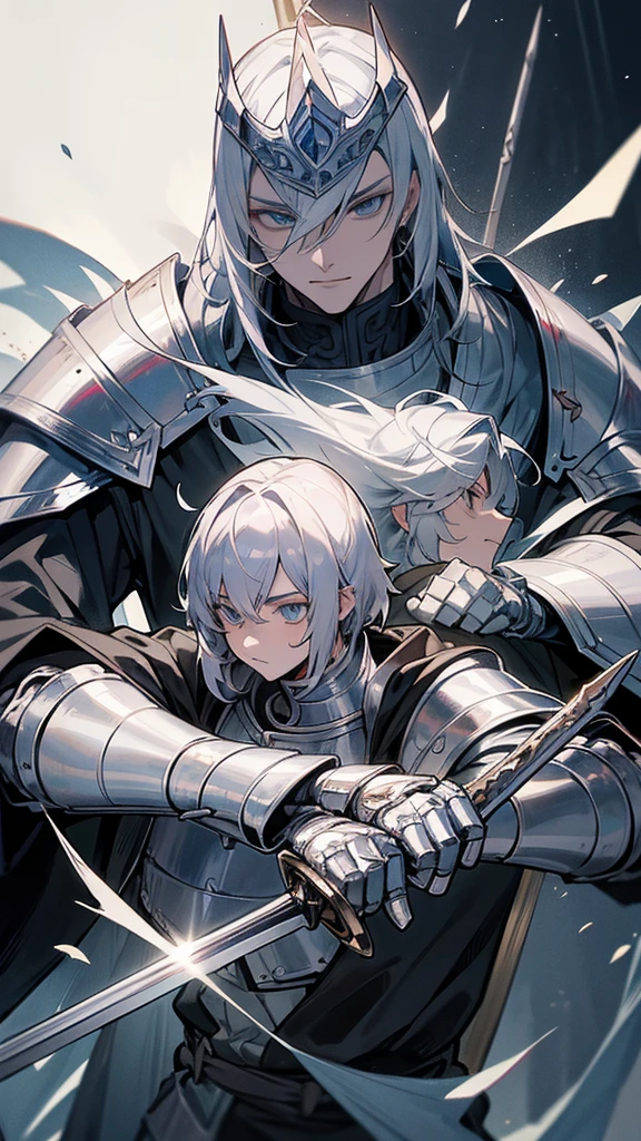 Make a Knight, a man in armor holding a sword, highly detailed exquisite fanart, a human male paladin, handsome guy in demon slayer art, male paladin, with an armor and a crown, sliver armor, silver long sword, silver crown, 2 hands, 1 body