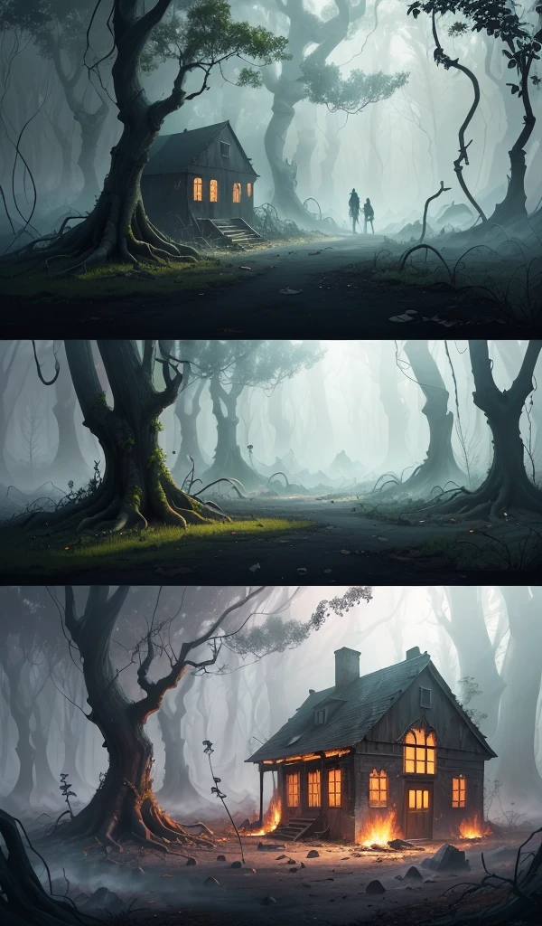 (anime, digital paint, destroyed burned candy house in deep forest, burned sweets and treats all around, smoke and remnants of candy and sweets scattered around, eerie and dark atmosphere, forest reclaiming the area with vines and plants growing over the ruins, sense of nature taking over, epic final scene)