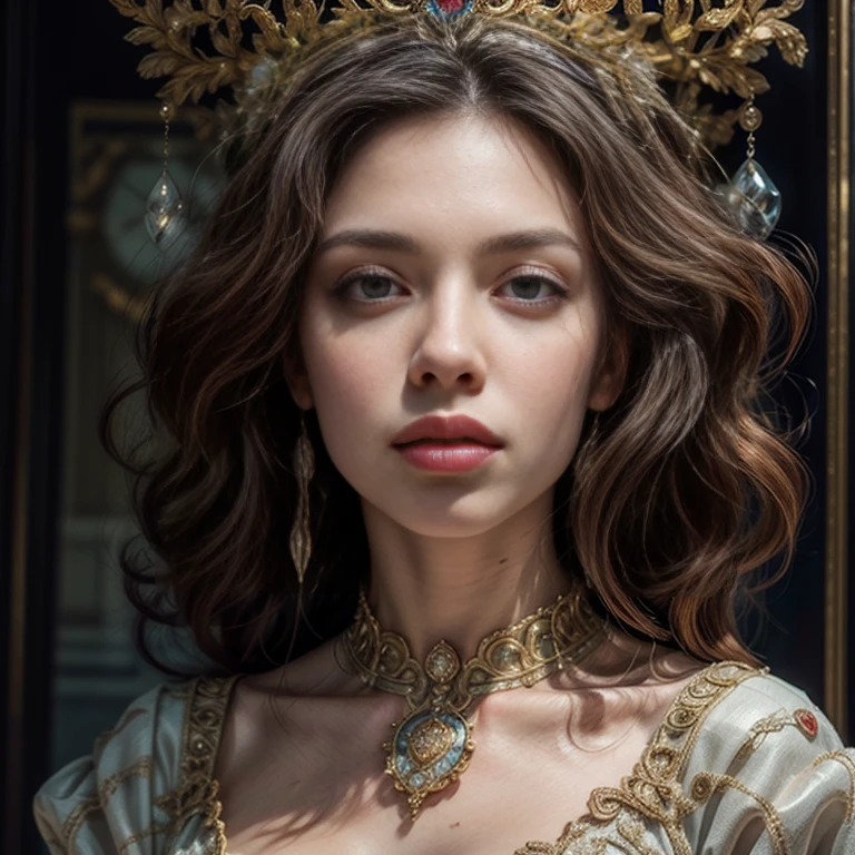 (Full Body Portrait: 1.4), a beautiful woman, queen, medieval european queen, tiara, accessories, detailed face, beautiful eyes, beautiful lips, elegant pose, intricate gown, regal, ornate, jewel-encrusted, dramatic lighting, chiaroscuro, renaissance, oil painting, best quality, 8k, high resolution, photorealistic, cinematic
