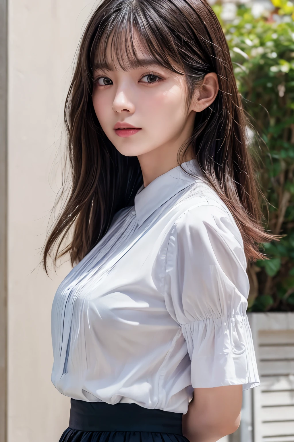 ((Best image quality、8K、masterpiece：1.3))、Realistic high-quality photos、Highest quality、Beautiful and graceful face and eyes、Black Hair、Shiny Hair、 OL、Wearing a short-sleeved blouse、Wear a long skirt、Put your arms behind your back、Full Body Shot.