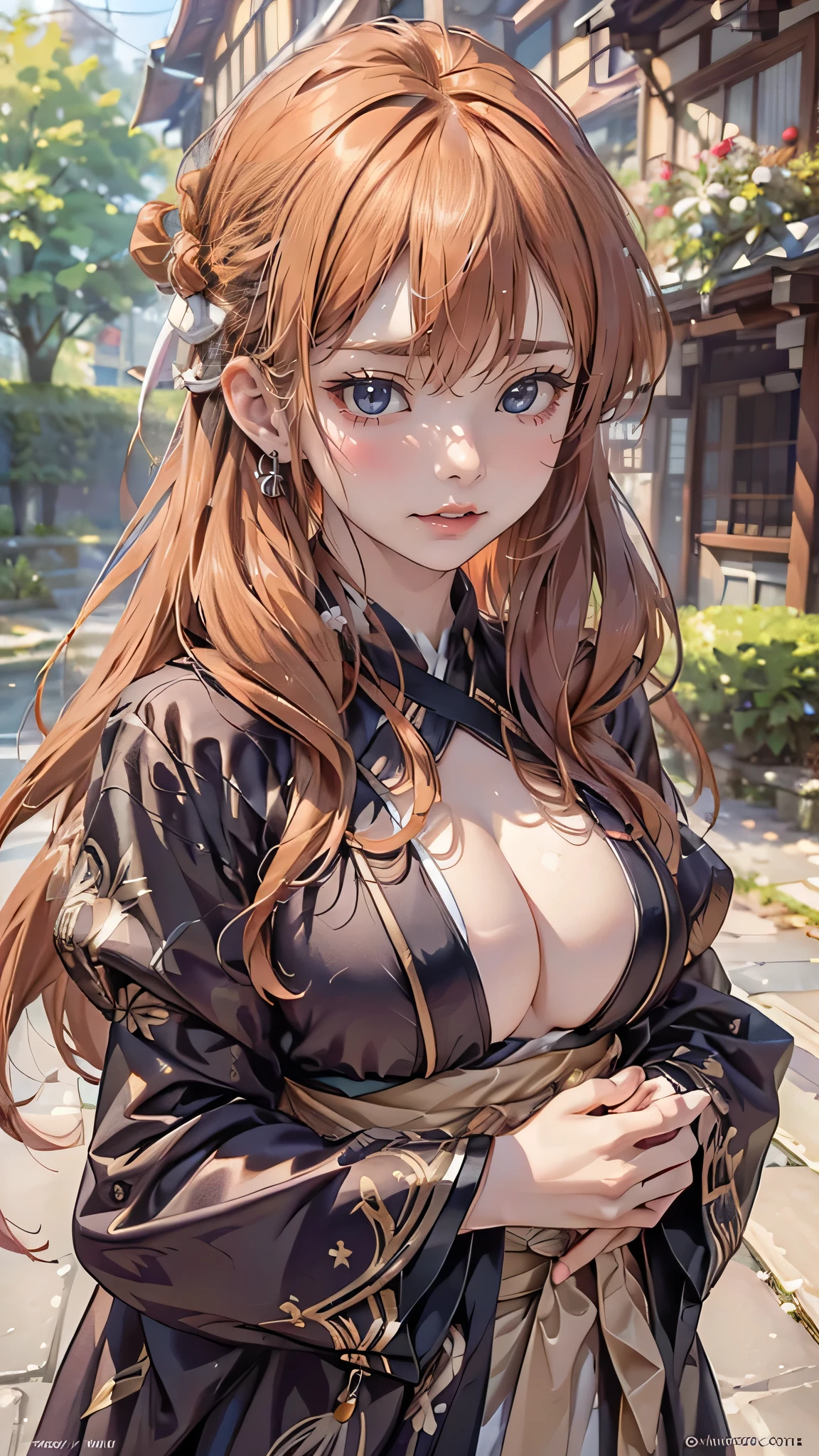 extreme face close-up,randome pose,1girl,(ultra detailed skin),curvy,,beautiful breasts,large breasts,pale skin,pointy breasts,erect nipples,(fantasy art,Highest image quality,Hyperrealist portrait,(8k),ultra-realistic,best quality, high quality, high definition, high quality texture,high detail,beautiful detailed,fine detailed,extremely detailed cg,detailed texture,a realistic representation of the face,masterpiece,Sense of presence,Dynamic,bold),(ultra thin hair),(ultra soft hair),(ultra straight hair),Swept long bangs,extra light coppery amber hair,hair over one eye,japanese clothes