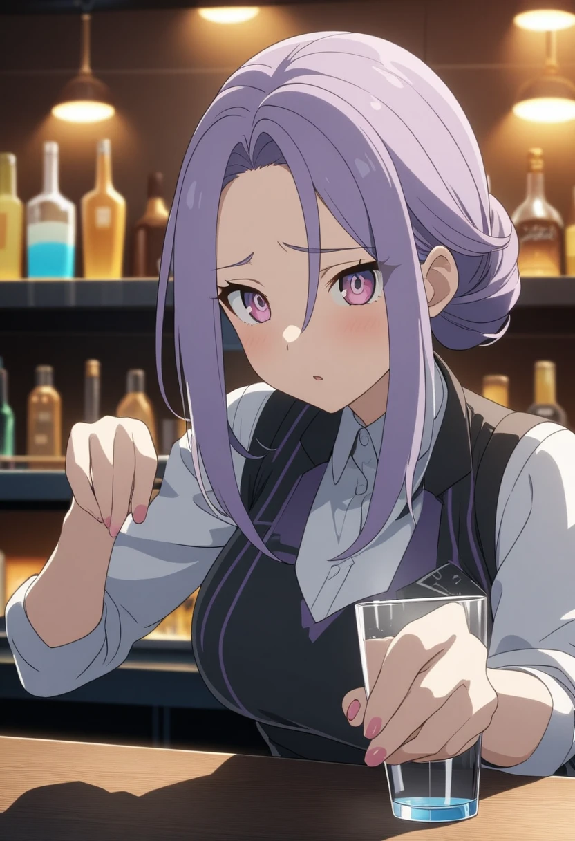 Adult female, cyberpunk bar, bartender, purple hair, medium bust, apathetic, cleaning a glass, high detailed, high quality, 8k anime, perfect eyes, eyes, expressive eyes, perfect hands