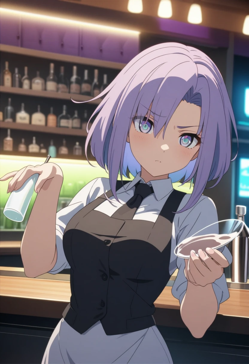 Adult female, cyberpunk bar, bartender, purple hair, medium bust, apathetic, cleaning a glass, high detailed, high quality, 8k anime, perfect eyes, eyes, expressive eyes, perfect hands