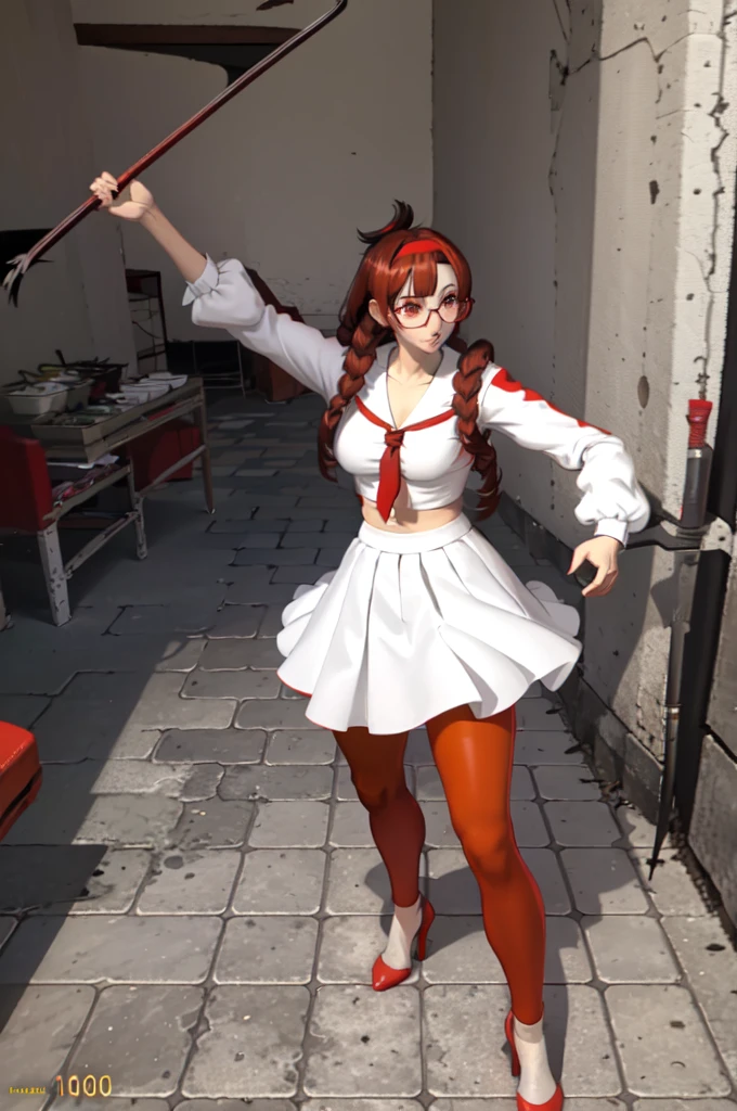 masterpiece, best quality, purah, red glasses, hair ornament, hair stick, red headband, white shirt, bare shoulders, white jacket, black skirt, orange leggings, high heels, gmodcrowbar, holding crowbar 