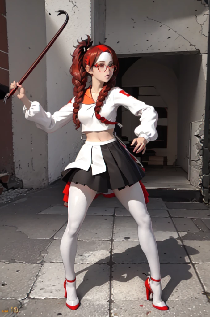 masterpiece, best quality, purah, red glasses, hair ornament, hair stick, red headband, white shirt, bare shoulders, white jacket, black skirt, orange leggings, high heels, gmodcrowbar, holding crowbar 