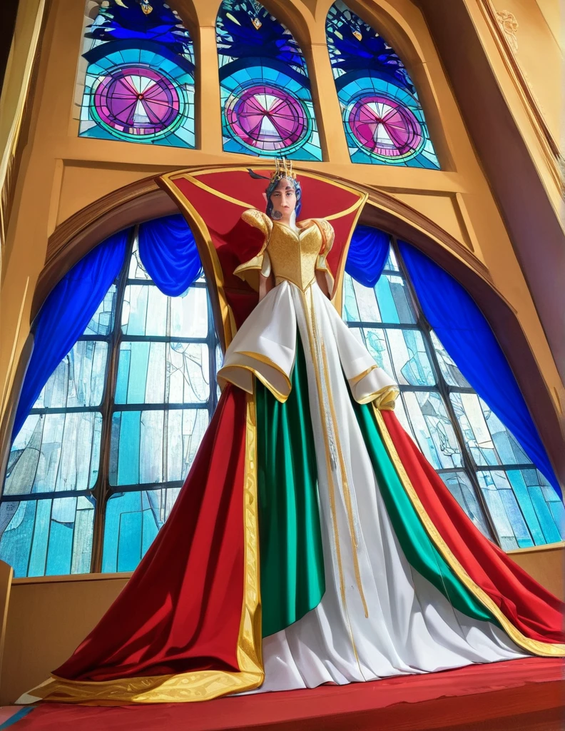 A masterfully crafted 3D render of an evil queen sitting on a grand, ornate throne in a dimly lit room. The queen, with her mesmerizing beauty, exudes both power and darkness. Her outfit is a blend of traditional royal attire and modern fashion, adorned with shimmering materials and intricate designs. Behind her, the stained glass windows cast a vivid Tyndall effect, with beams of light piercing through the darkness and creating a haunting atmosphere. The room itself is a blend of gothic and modern architecture, adding to the unsettling aura surrounding the queen. This illustration is a breathtaking example of anime realism, showcasing the artist's incredible skill and attention to detail., 3d render, anime, fashion, illustration