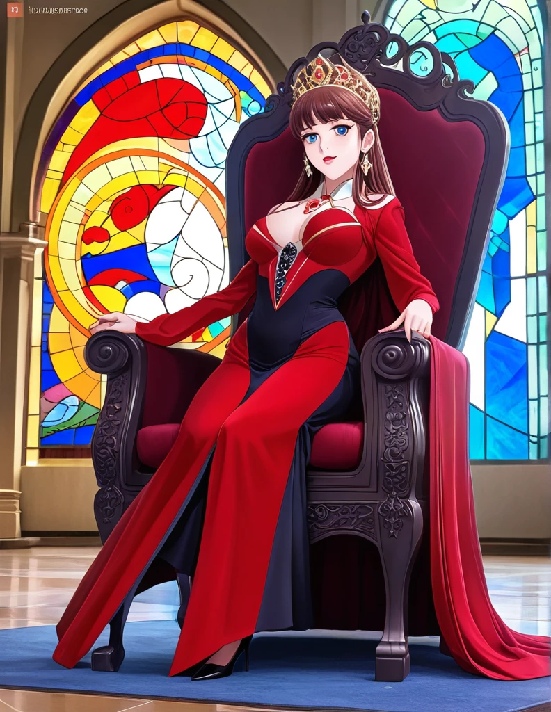 A masterfully crafted 3D render of an evil queen sitting on a grand, ornate throne in a dimly lit room. The queen, with her mesmerizing beauty, exudes both power and darkness. Her outfit is a blend of traditional royal attire and modern fashion, adorned with shimmering materials and intricate designs. Behind her, the stained glass windows cast a vivid Tyndall effect, with beams of light piercing through the darkness and creating a haunting atmosphere. The room itself is a blend of gothic and modern architecture, adding to the unsettling aura surrounding the queen. This illustration is a breathtaking example of anime realism, showcasing the artist's incredible skill and attention to detail., 3d render, anime, fashion, illustration