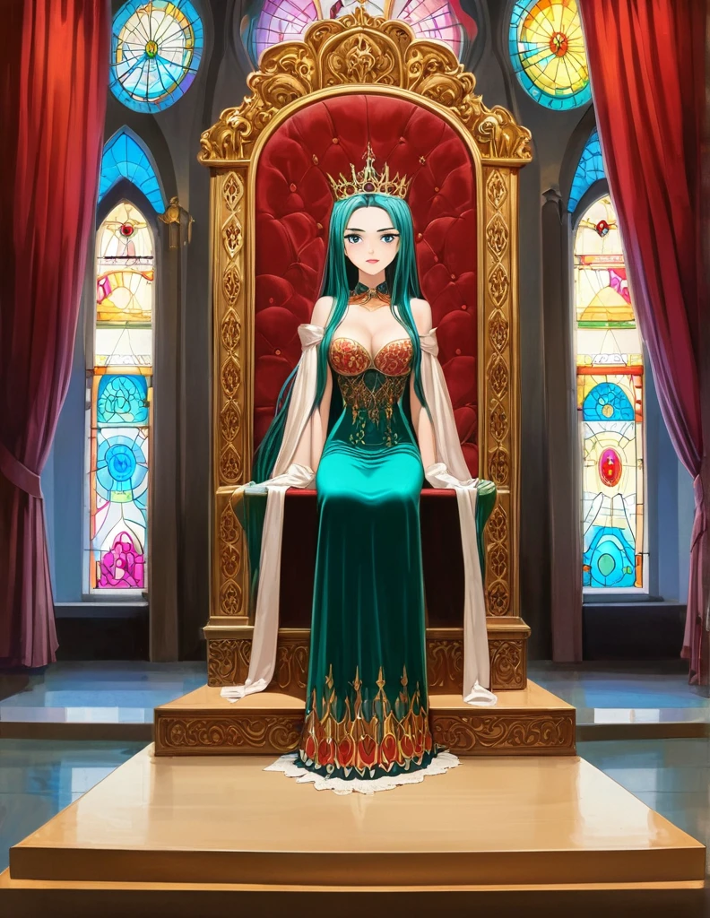 A masterfully crafted 3D render of an evil queen sitting on a grand, ornate throne in a dimly lit room. The queen, with her mesmerizing beauty, exudes both power and darkness. Her outfit is a blend of traditional royal attire and modern fashion, adorned with shimmering materials and intricate designs. Behind her, the stained glass windows cast a vivid Tyndall effect, with beams of light piercing through the darkness and creating a haunting atmosphere. The room itself is a blend of gothic and modern architecture, adding to the unsettling aura surrounding the queen. This illustration is a breathtaking example of anime realism, showcasing the artist's incredible skill and attention to detail., 3d render, anime, fashion, illustration